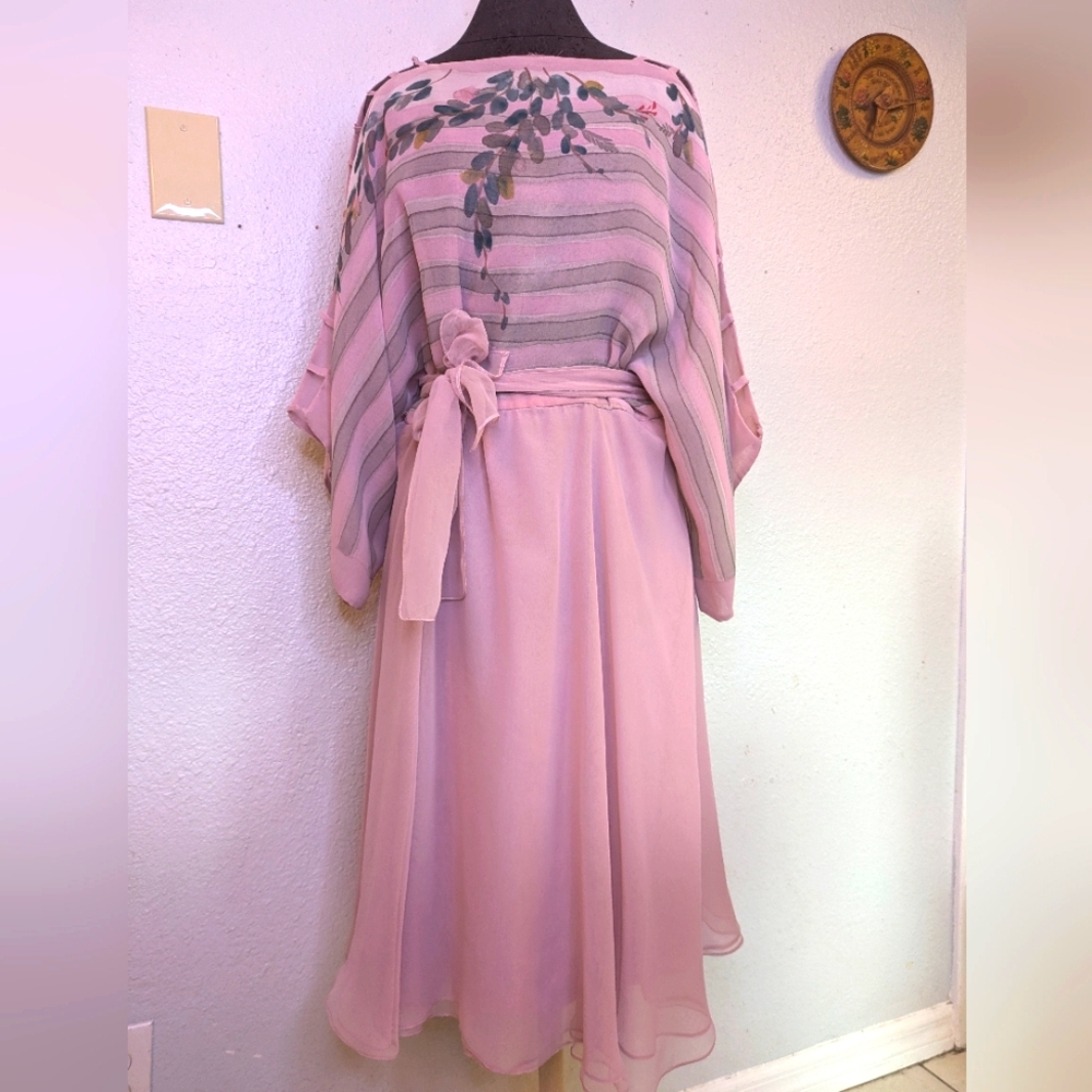 1970s Watercolor Chiffon Lattice Wide Sleeve Dress